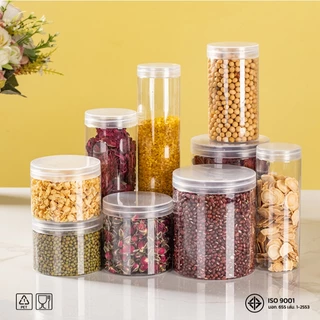 10ชิ้น เซ็ตกระปุก PET ทรงกลม ขนาด 65mm ความจุ 160–680ml วัสดุ Food Grade ใส่อาหาร ขนม เครื่องปรุง แถมฟรี แผ่นโฟม HC65