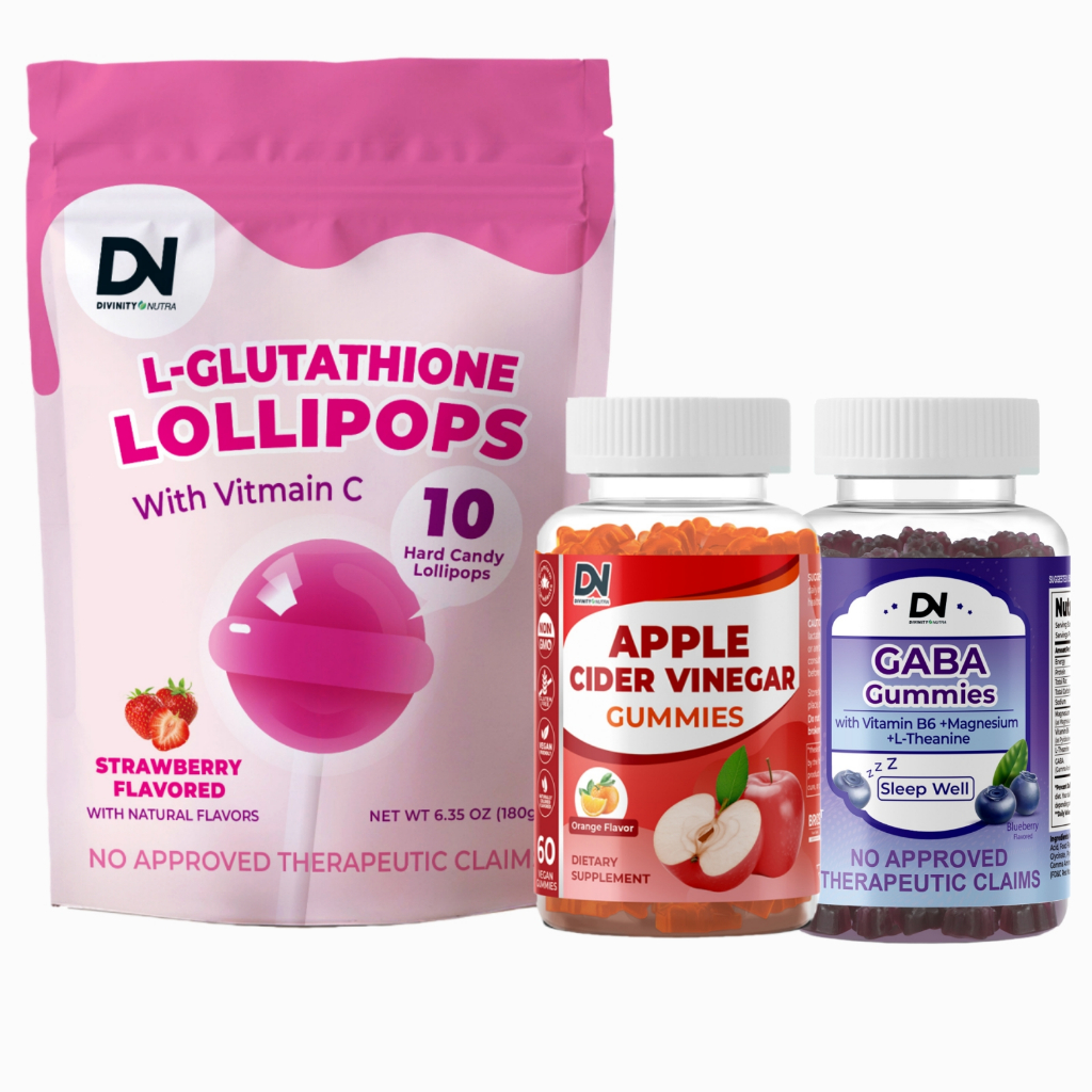 DN L-Glutathione ลูกอม Vitamin C Collagen 10 Lollipops, GABA 60 Sleep Gummies, Apple Cider Vinegar A