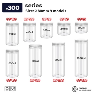 10ชิ้น เซ็ตกระปุก PET ฝาใส ทรงกลม ขนาด 80mm ความจุ 200–1000ml ใส่อาหาร ขนม คุกกี้ Free แผ่นโฟม Food Grade HC80