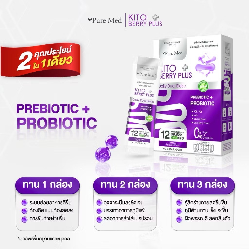 [ NEW ] KITO BERRY PLUS Daily Dual Biotic 7 Sachet ไคโต เบอร์รี่ พลัส สูตรใหม่ มีทั้งโพรไบโอติกและพรีไบโอติก กล่อง 7 ซอง