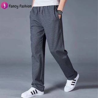 Fancy Fashion กางเกงกีฬาขายาวทรงตรงสำหรับผู้ชาย สีพื้น ทำจากผ้าเนื้อปานกลาง อบอุ่น และยืดหยุ่นพอประมาณ สวมใส่พอดีตัว