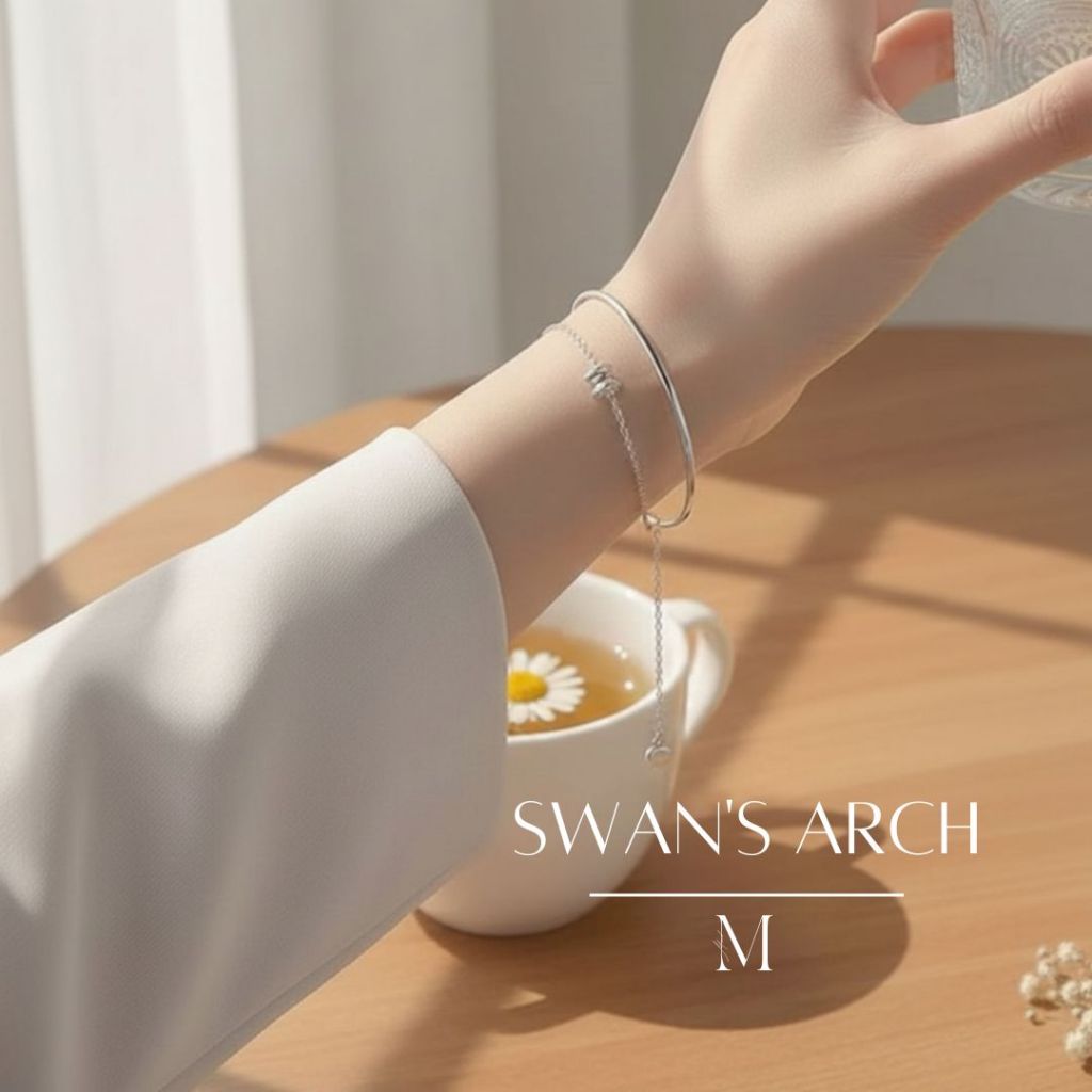 MIND สร้อยข้อมือเงินแท้ 925 Swan's Arch สร้อยข้อมือเอวโค้งสองชั้น กำไลเสริมโชค ดีไซน์โซ่ทันสมัย Valentine ของขวัญ