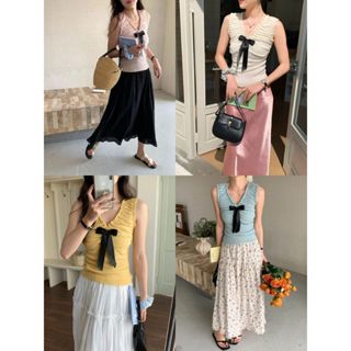 GAKKI เสื้อกั๊กแขนกุดคอวีผูกโบว์ผู้หญิง เสื้อกล้ามไหมพรมสไตล…