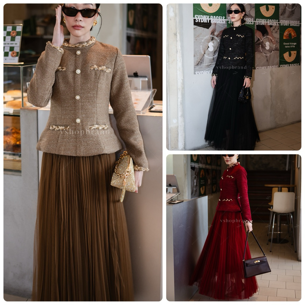 Vshop #6062-2  Set เสื้อผ้าทวิตแต่งขอบเชือกถัก+กระโปรงยาวซีทรู
