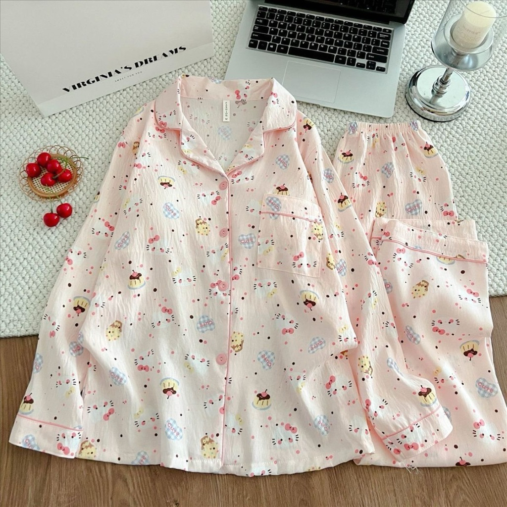 พร้อมส่งจากไทย💖 ชุดนอนผ้าไหมญี่ปุ่น ชุดนอนเเขนขายาว อก44 ชุดนอนการ์ตูน งานคุณภาพ พร้อมส่งจากไทย ตรงปก