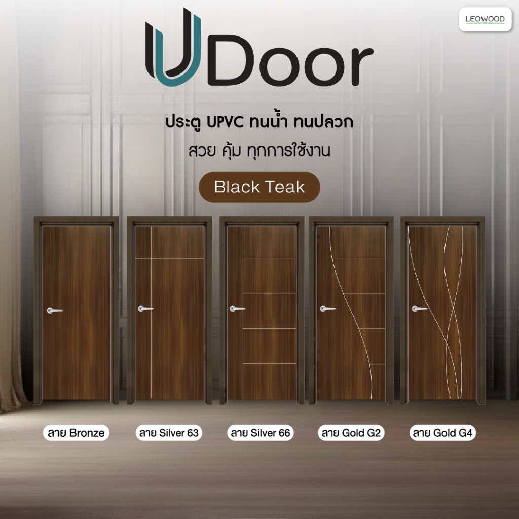 Leowood ประตูไม้ปิดผิว UPVC รุ่น UDoor สี Black Teak มี 2 ขนาด(70 และ 80 ซม.) ประตูไม้ ทนชื้น ทนปลวก