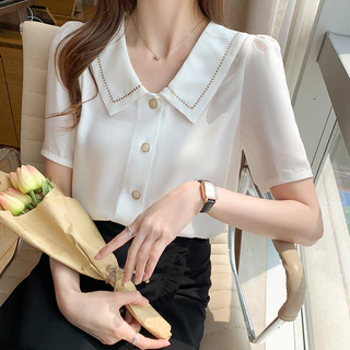 เสื้อเชิ้ตแขนสั้น แต่งปักเย็บตรงปกคอเสื้อ ทรงสวยเข้ารูป ผ้าไหมอิตาลี่ สไตล์มินิมอลเรียบๆ #097
