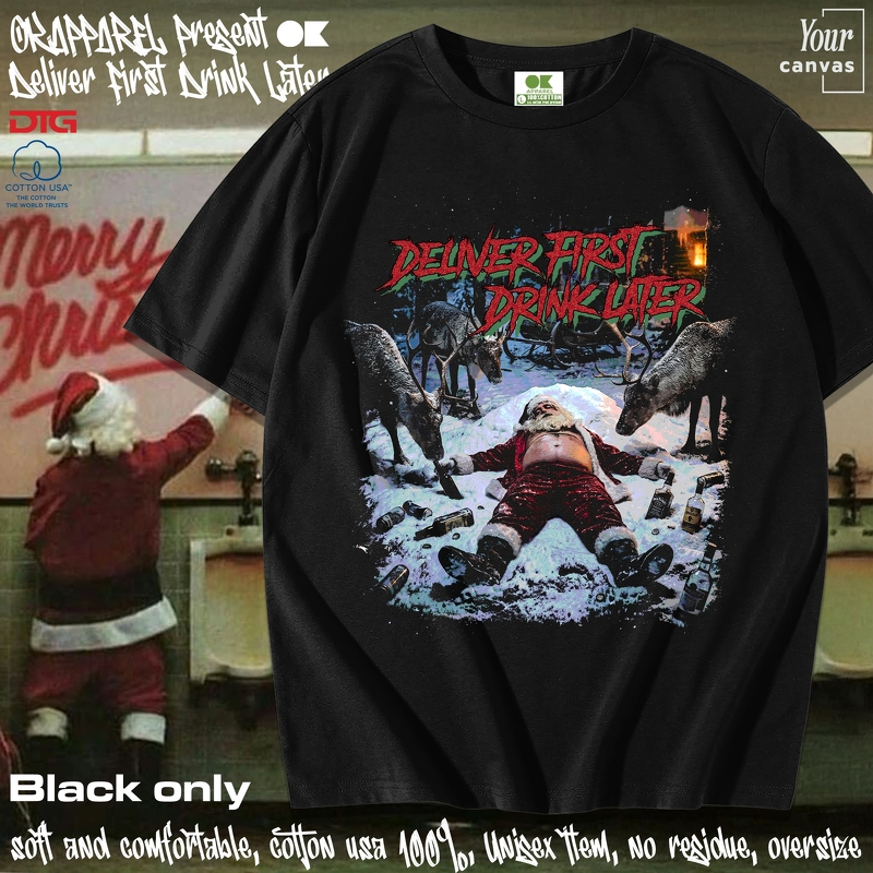 OK Apparel เสื้อยืดคอกลมแขนสั้น ลาย Santa Drink Oversize Cotton ⚡️USAคุ้มสุด!⚡️