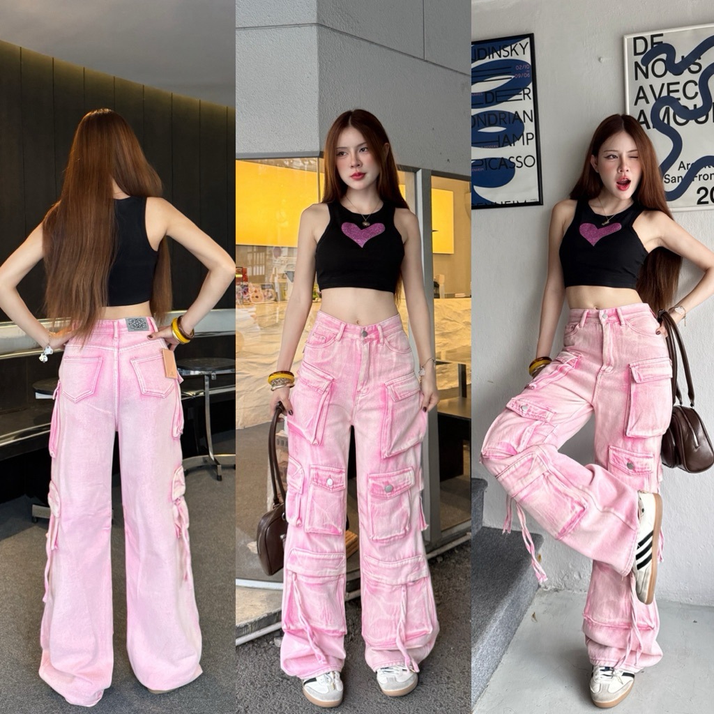 MOODY8150 กางเกงยีนส์ทรงกระบอกใหญ่ สีทูโทน กระเป๋าคาร์โก้ดีเทลเยอะๆจุกๆ เท่มากๆ