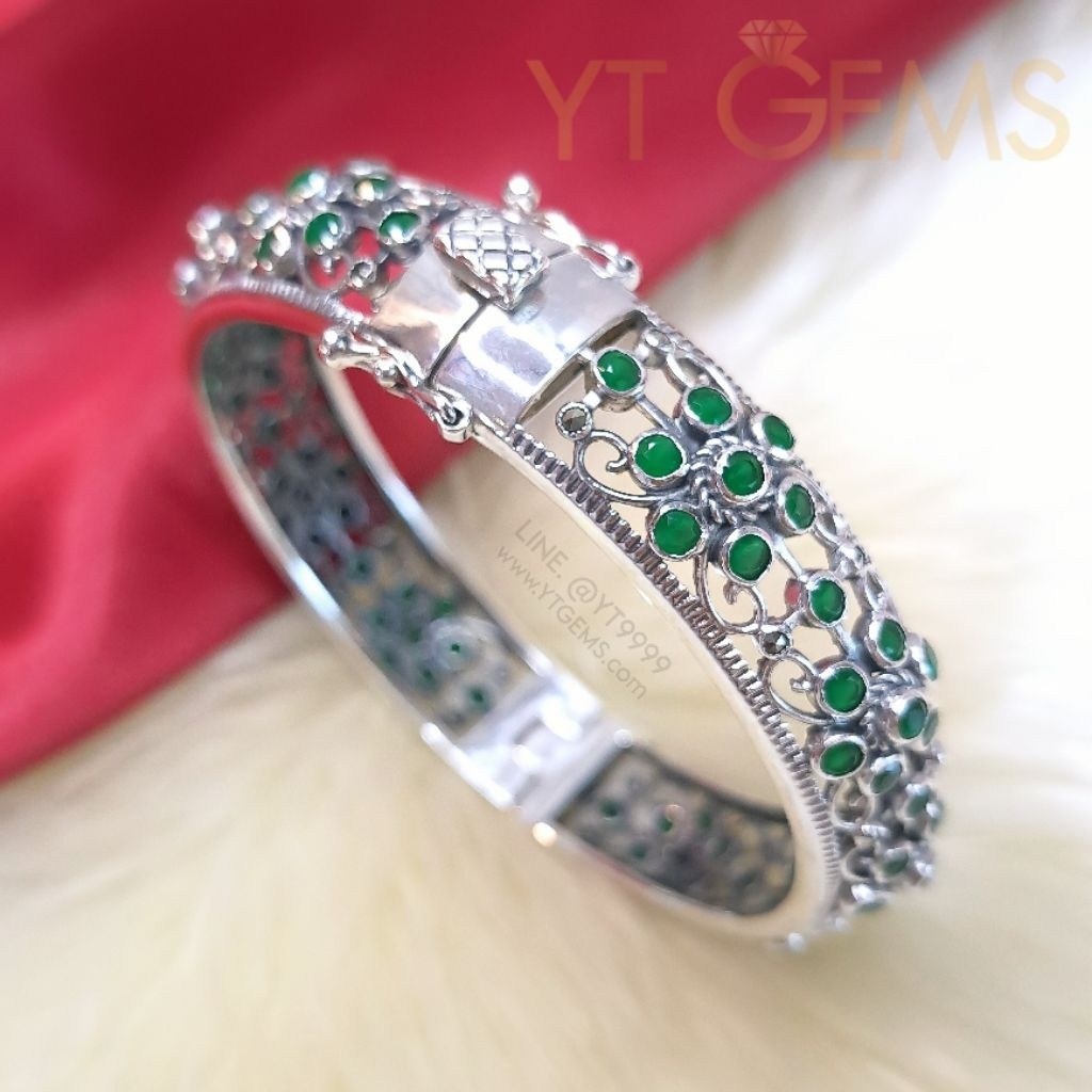 กำไลมรกต กำไลเงินแท้ รมดำ พลอยมรกต (CZ) แต่ง แมกกาไซต์ YTG-11043