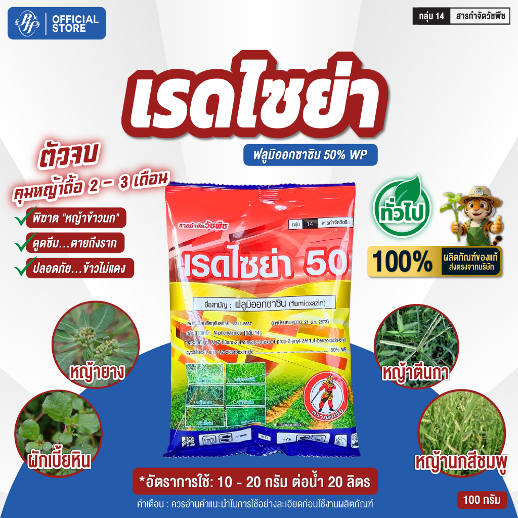 เรดไซย่า ฟลูมิออกซาซิน 100 กรัม คุมหญ้านาน 2-3 เดือน ไร่อ้อย มันสำปะหลัง สวนผลไม้ สวนทุเรียน