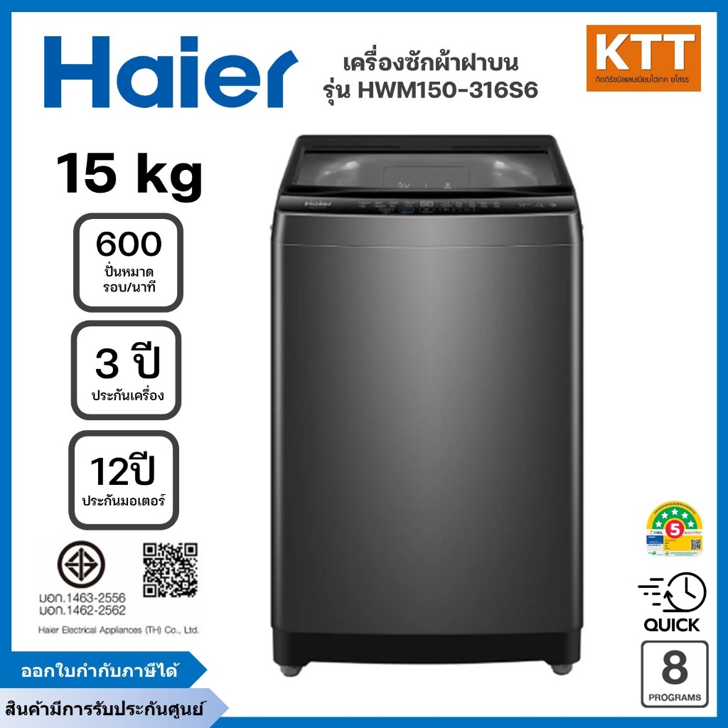 HAIER เครื่องซักผ้าฝาบน 15 กก. รุ่น HWM150-316S6 สีเทาเข้ม