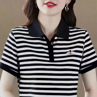 เสื้อยืดแขนสั้นลายทางปกเสื้อโปโลรุ่นใหม่เสื้อตัวในเสื้อลำลองสำหรับคุณแม่วัยกลางคน