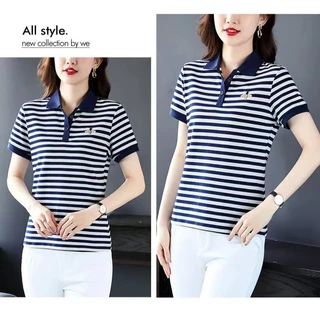 เสื้อยืดแขนสั้นลายทางปกเสื้อโปโลรุ่นใหม่เสื้อตัวในเสื้อลำลองสำหรับคุณแม่วัยกลางคน