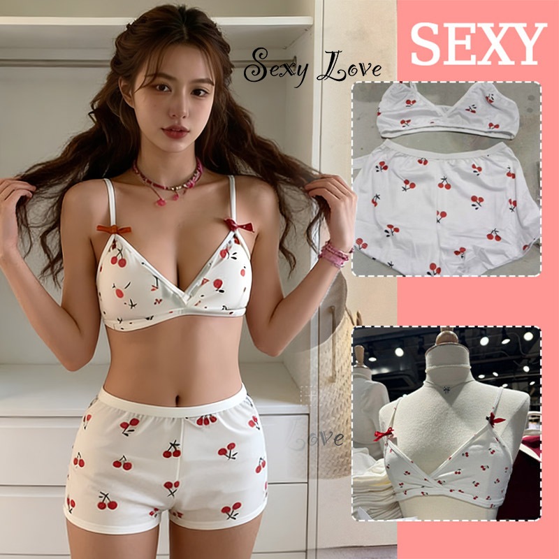ชุดนอน ชุดอยู่บ้าน สายเดี่ยว+short คอวีลึก bow ลายเชอร์รี่ ใส่สบาย ผ้านิ่ม พร้อมส่ง พร้อมส่งจากไทย COD