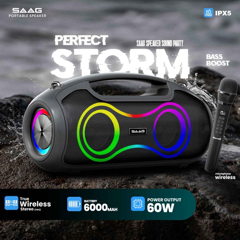 [ส่งฟรี] SAAG PERFECT STORM Portable Speaker ลำโพงกันน้ำ IPX5 ไฟ RGB 60W แบตอึด พร้อมไมค์ไร้สาย ลำโพงปาร์ตี้ บลูทูธ