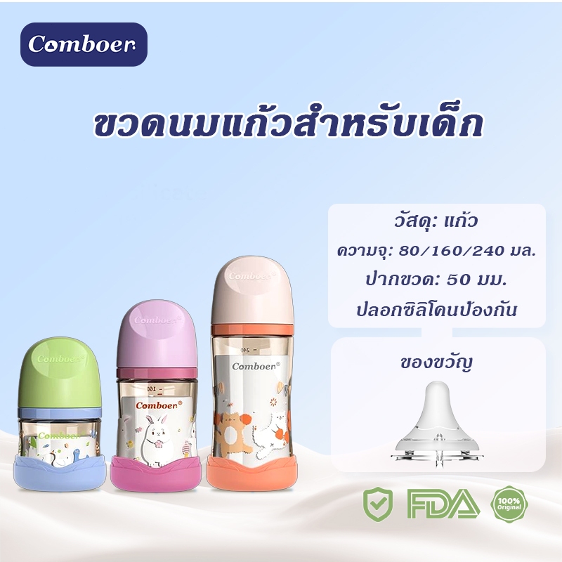 Comboer ขวดนมแก้วสำหรับเด็กแรกเกิด ขนาด 5.0 ซม. 80/160/240 มล（มีหัวนมทดแทนมาให้） ราคา ถูกที่สุด ดีลบีเคเค
