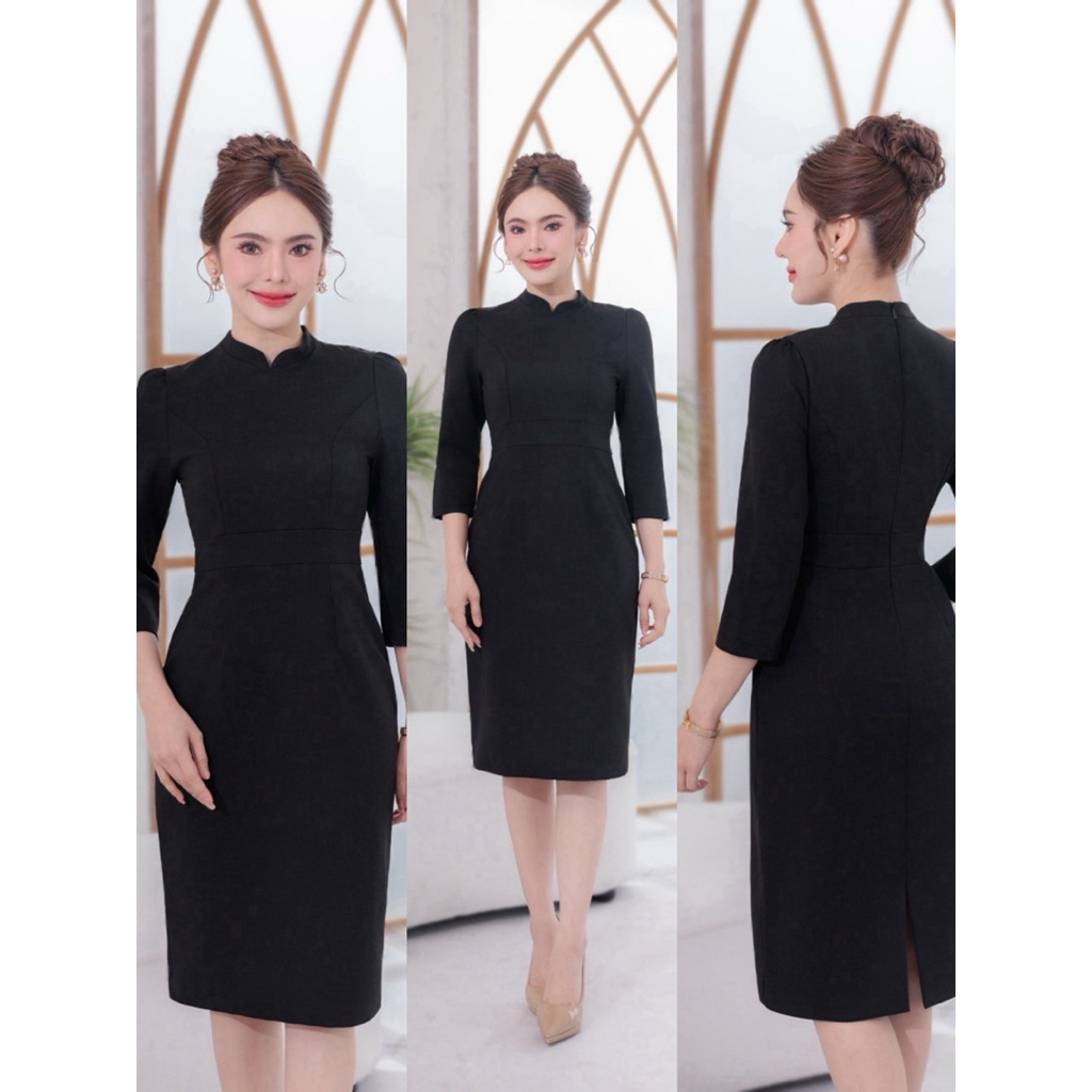 SPC47 สุพรรณษาเดรสผ้าไทยสีดำ คอจีน ทรงสอบ อัดกาวทั้งชุด