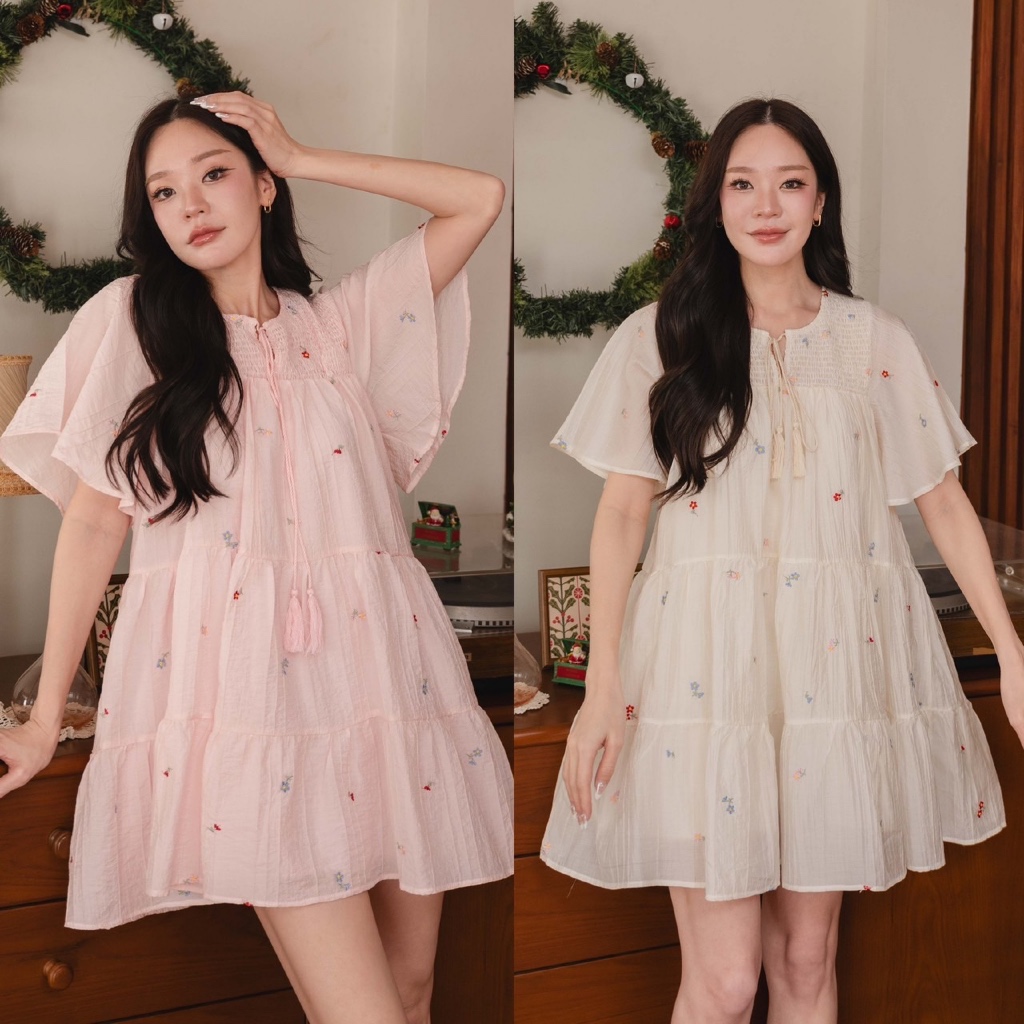 Pamlook Lana dress ပိတ်ချုပ်/ပန်းထိုးဒီဇိုင်း – Silk ပန်းထိုးတစ်ကိုယ်လုံး၊ ပွင့်လွတ်လျှားအင်္ကျီရှည်မဟုတ် (ခရင်မ်/ပန်းချောအ่อน)