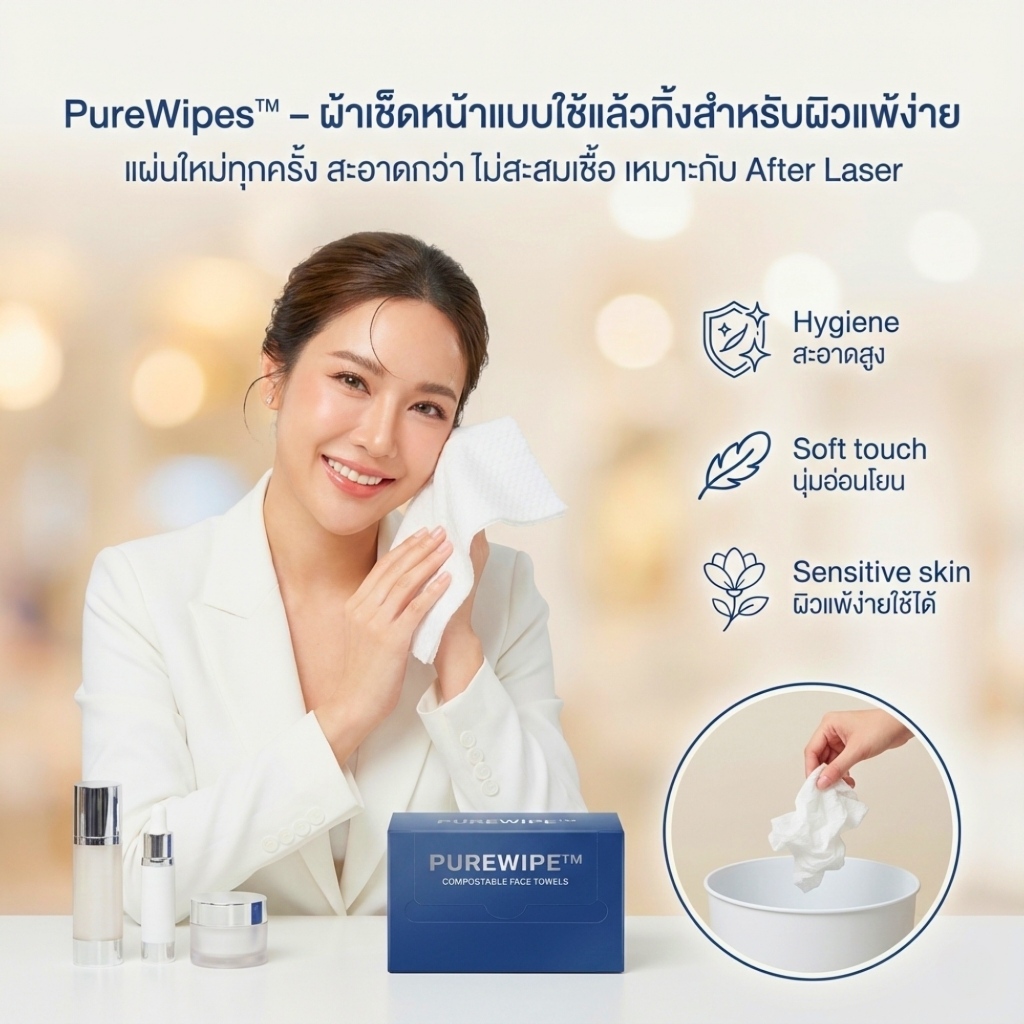 กระดาษเช็ดหน้า Cotton 100% ใช้แล้วทิ้ง สำหรับผิวแพ้ง่าย สะอาดทุกครั้ง ไม่สะสมเชื้อโรค | Purewipe™ 50 แผ่น