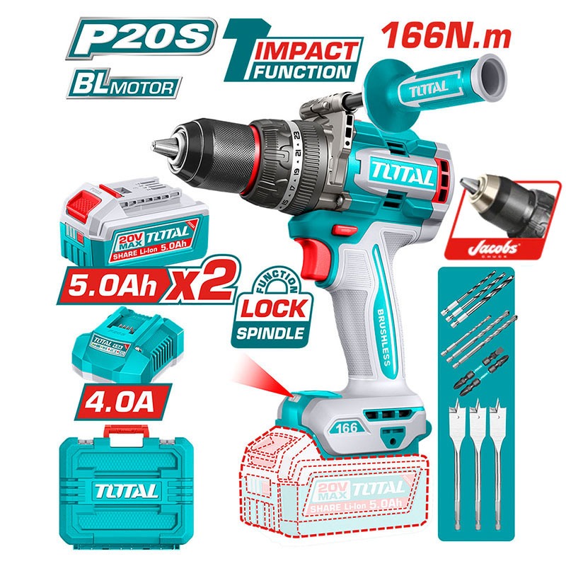 Total สว่านกระแทก ไร้สาย 166 N.m 3ระบบ หัวจับดอก Jacobs แบตเตอรี่ 20V รุ่น TIDLI201668 Brushless cordless impact drill