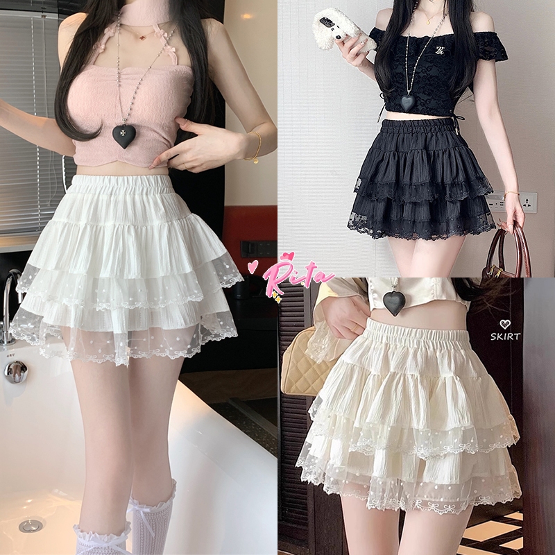 Rita พร้อมส่ง🍒กระโปรงทรงเอเอวสูง กระโปรงสั้น เอวสม็อคแฟชั่นผู้หญิง แต่งลูกไม้น่ารัก มีกางเกงในซับในระบาย2ชั้น แต่งลูกไม้