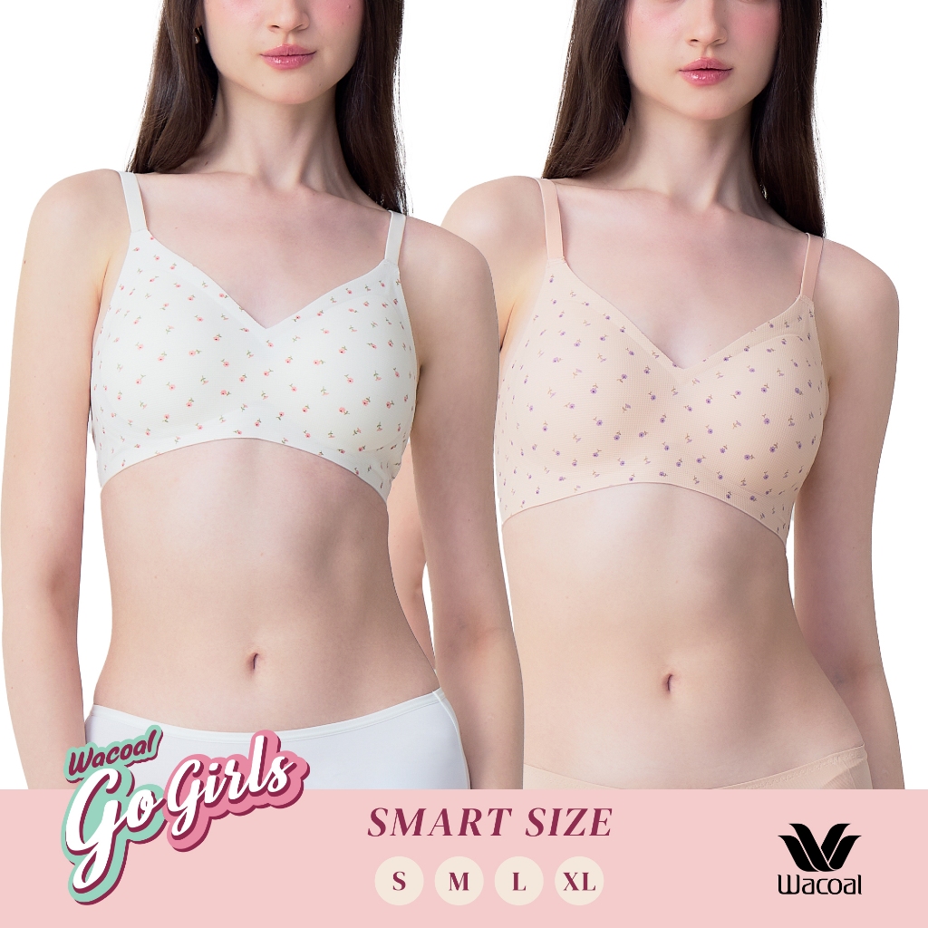 Wacoal Gogirls Smart Size บราไร้โครง ฟองน้ำบาง พิมพ์ลายดอกไม้ เซท 2 ชิ้น รุ่น WB3Y43/WB3243