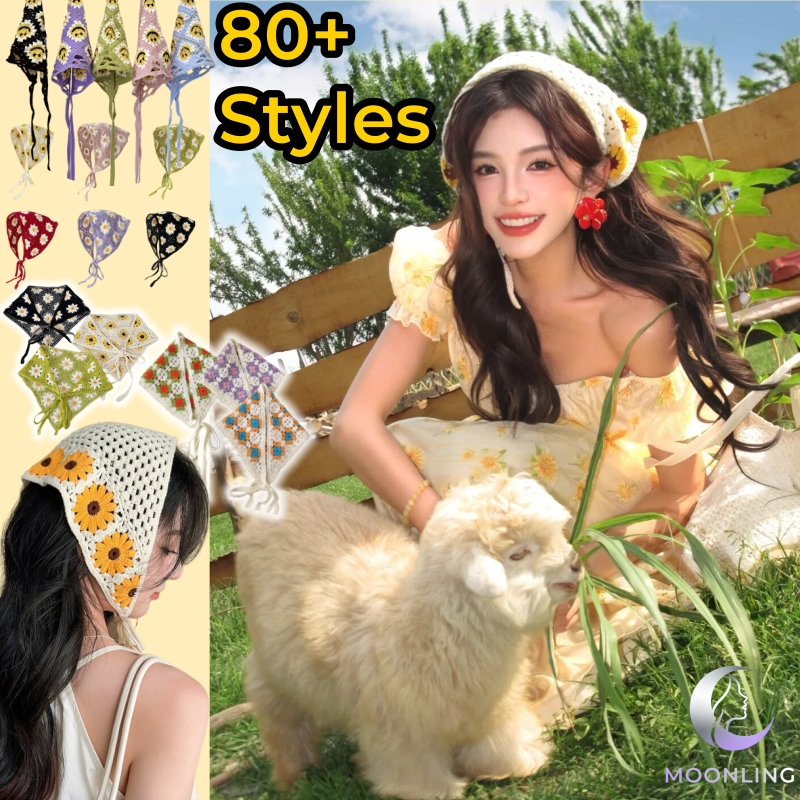 🔥MOONLING พร้อมส่ง ผ้าคาดผมโครเชต์สามเหลี่ยม ลายน่ารัก จากไทย หลากหลายรูปแบบ ผ้าถัก *TJ-111*