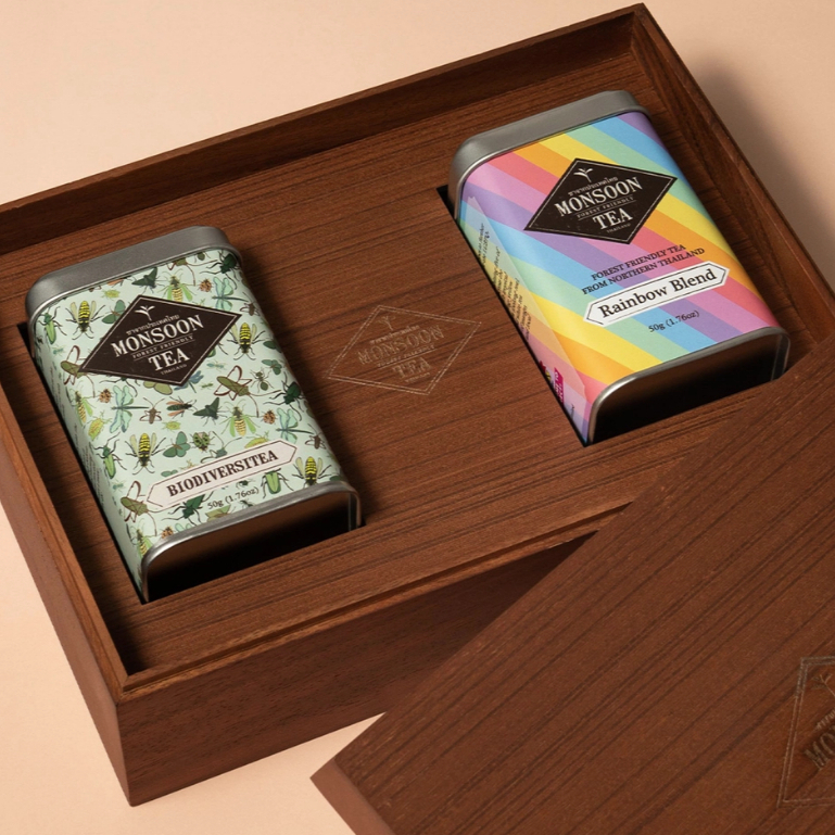 Premium Wood Box Gift Set-2M Tin Cans ชุดของขวัญกล่องไม้สุดพิเศษ ทั้งชาเพียวและชาเบลนด์