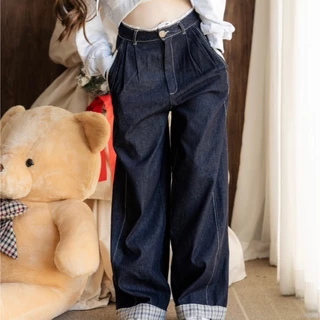 RIKA Cookie กางเกงยีนส์ขายาวเอวกลางแต่งลูกไม้