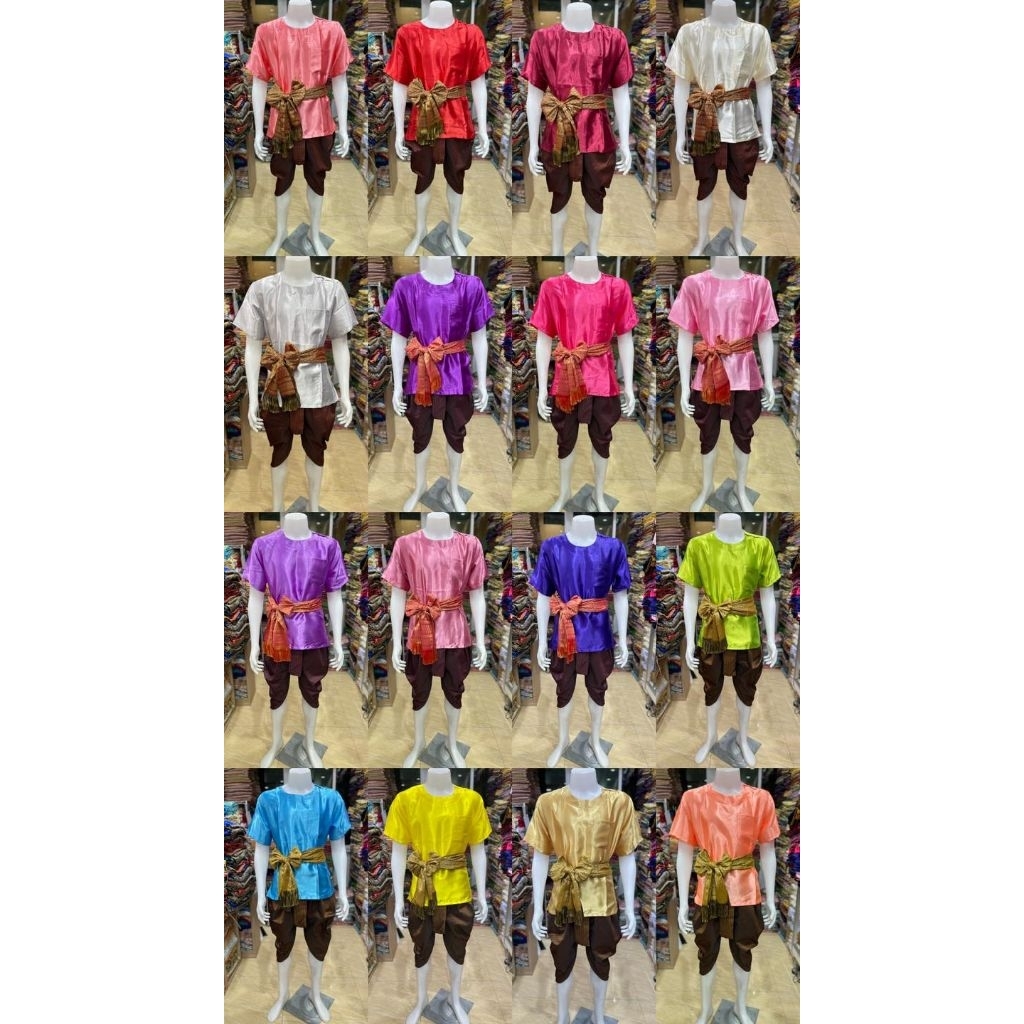 ชุดไทยพื้นเมือง เสื้อผ้าต่วนเนื้อเงา ผ้าอย่างดีสีสดใส (เสื้อผ้าพื้น+โจงกระเบน+ผ้าคาด)