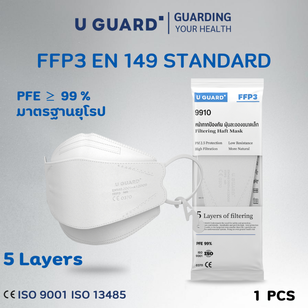 U GUARD MASK   ( 1 ชิ้น ) หน้ากาก FFP3  (4D FISH STYLE)   ป้องกัน PM 2.5 ควัน มลพิษในอากาศ หายใจสะดว