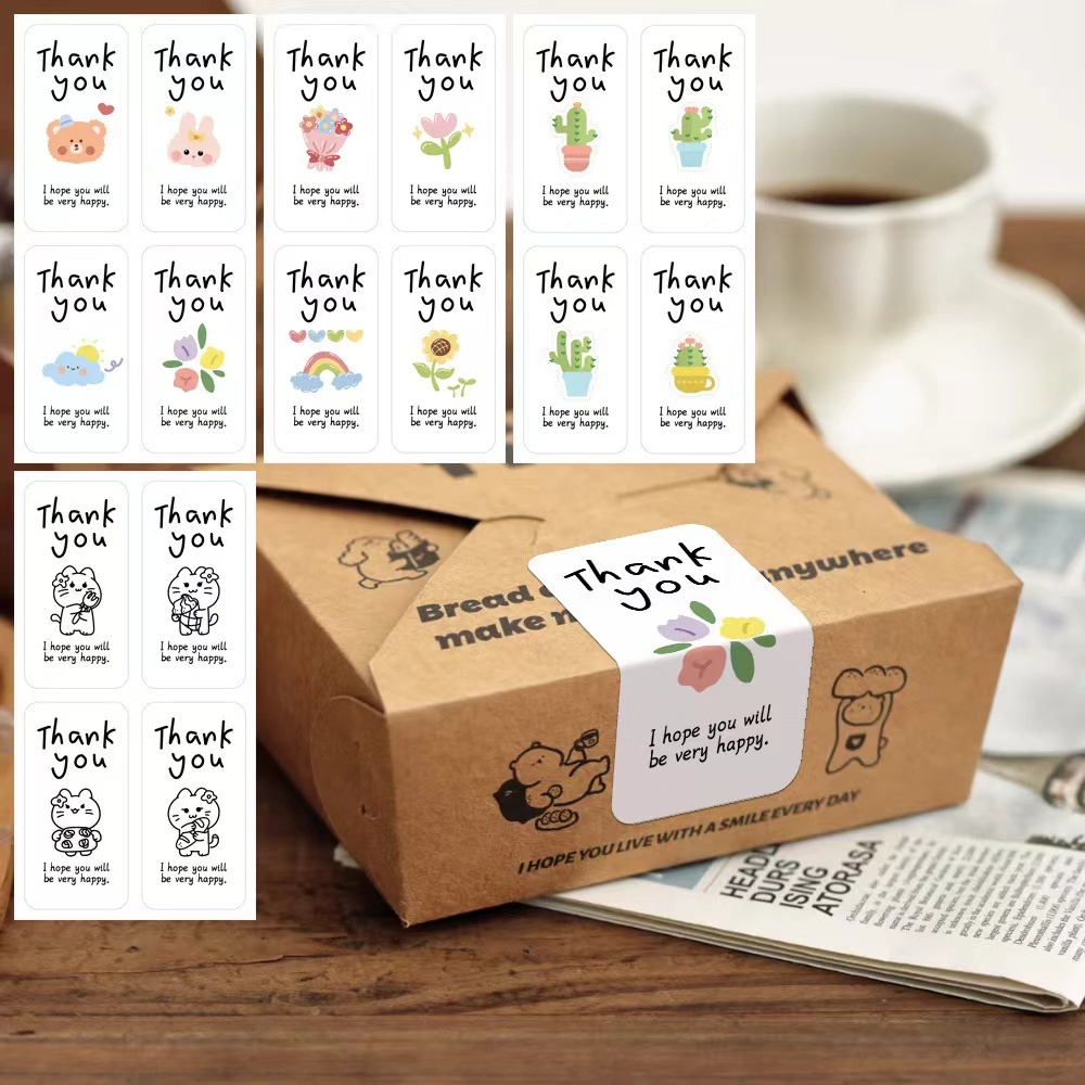 สติ๊กเกอร์ขอบคุณ ติดแก้ว ถุง ติดกล่อง สี่เหลี่ยมผืนผ้า 100ดวง sticker thankyou S31