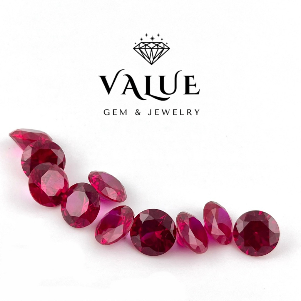 พลอยอัด สีแดงทับทิม #5 เจียเหลี่ยม ทรงกลม Synthetic Ruby #5 Round Shape Cutting [Size 1.00mm - 10.00mm]