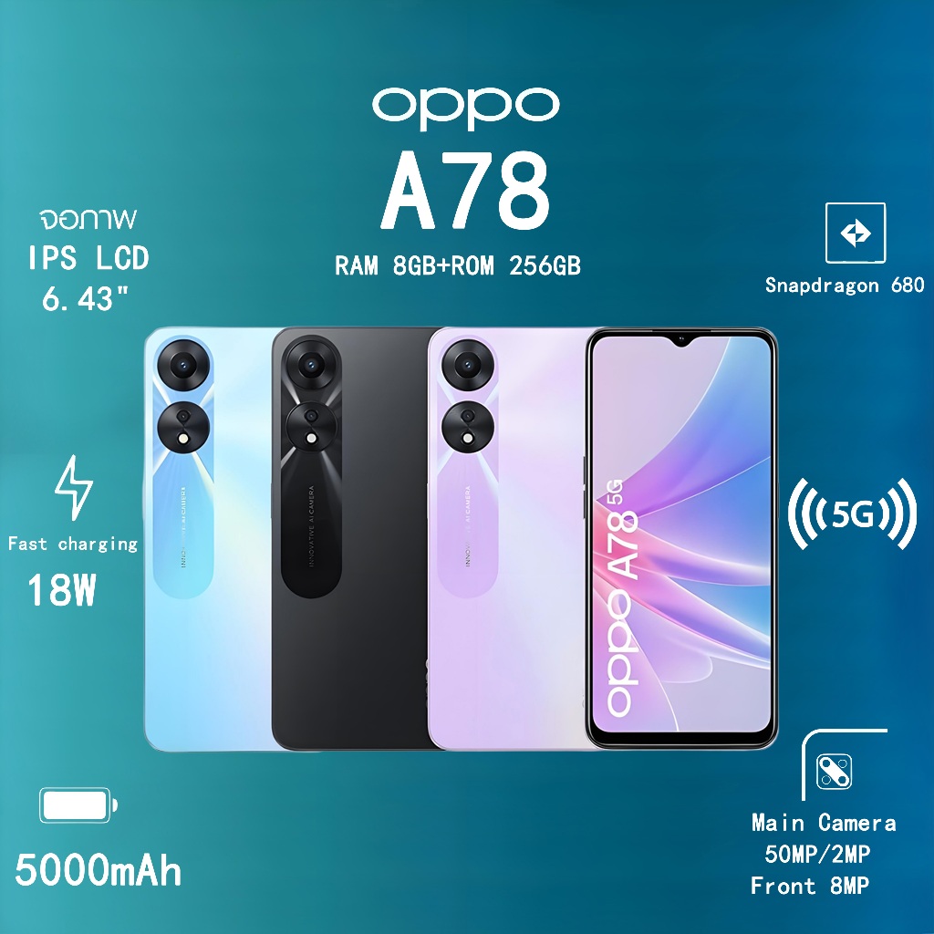 A78 OPPO 5G 8GB + 256GB กว้าง 6.43 นิ้ว FHD display 5000mah ความ แบตเตอรี่ใหญรับประกันสินค้าในร้าน 1