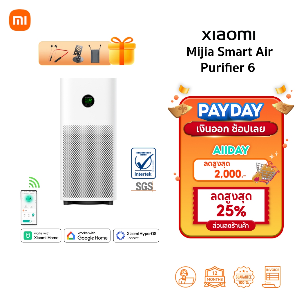 🆕Mijia Smart Air Purifier 6 เครื่องฟอกอากาศอัจฉริยะ | 443 ลบ.ม./ชม. | อัตราการกำจัดไวรัส H1N1 ถึง99.
