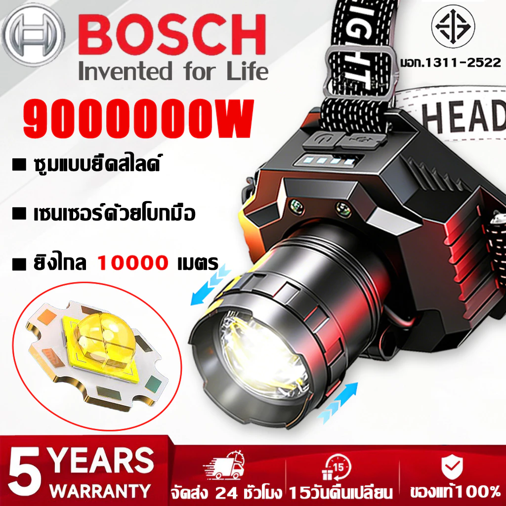 【รับประกัน5ปี】ไฟฉายคาดหัว 900000W LED ใช้งานต่อเนื่องได้ 12 ชม. ไฟคาดหัว ไฟฉายคาดหัวแท้ ไฟส่องกบ ไฟส่องสัตว์ ไฟฉายแรงสูง