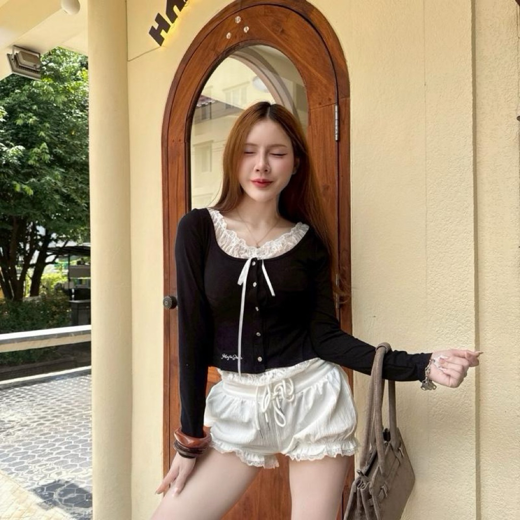 เสื้อเเขนยาวซับในลูกไม้ติดกระดุมผูกโบว์ ฟิวสาวเเซ่บแบบผู้ดีทำถึง
