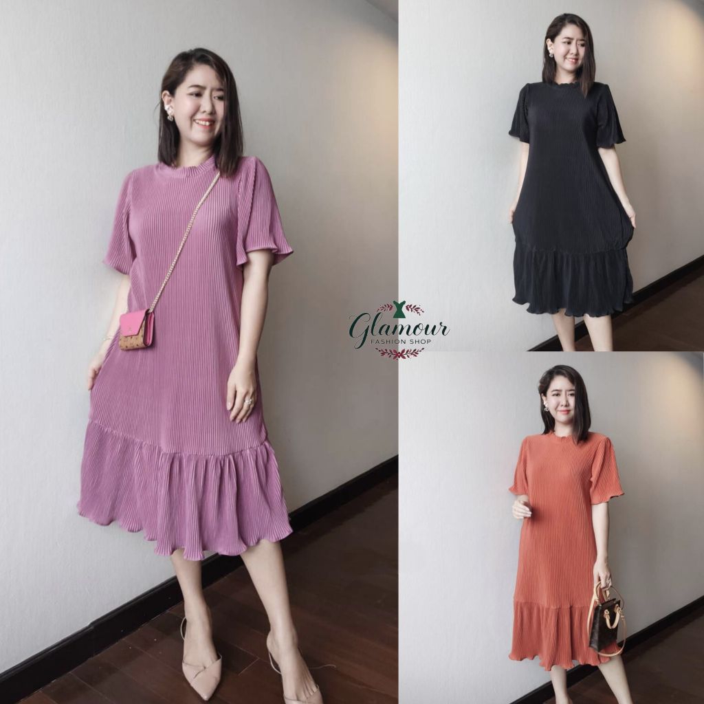พร้อมส่ง.เดรสพลีทคอกลม ชายระบายB161( อก:34 - 50 นิ้ว) ใส่สวย.