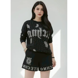 ชุดเซ็ต2ชิ้น เสื้อแขนยาว+กางเกงขาสั้น เสื้อยืดรีดเพชรผู้หญิงกางเกงรีดเพชร งานเกรดห้างผ้าคอตตอน
