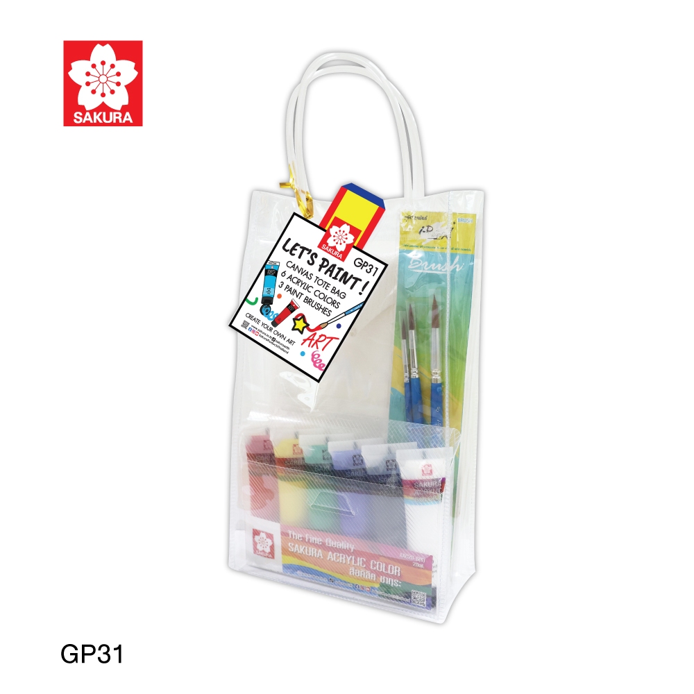 SAKURA (ซากุระ) เซ็ทศิลปะ LET’S PAINT สีอะคริลิค กระเป๋าผ้าแคนวาส สีโปสเตอร์ เฟรมผ้าใบ พู่กันกลม Gift set ของขวัญปีใหม่