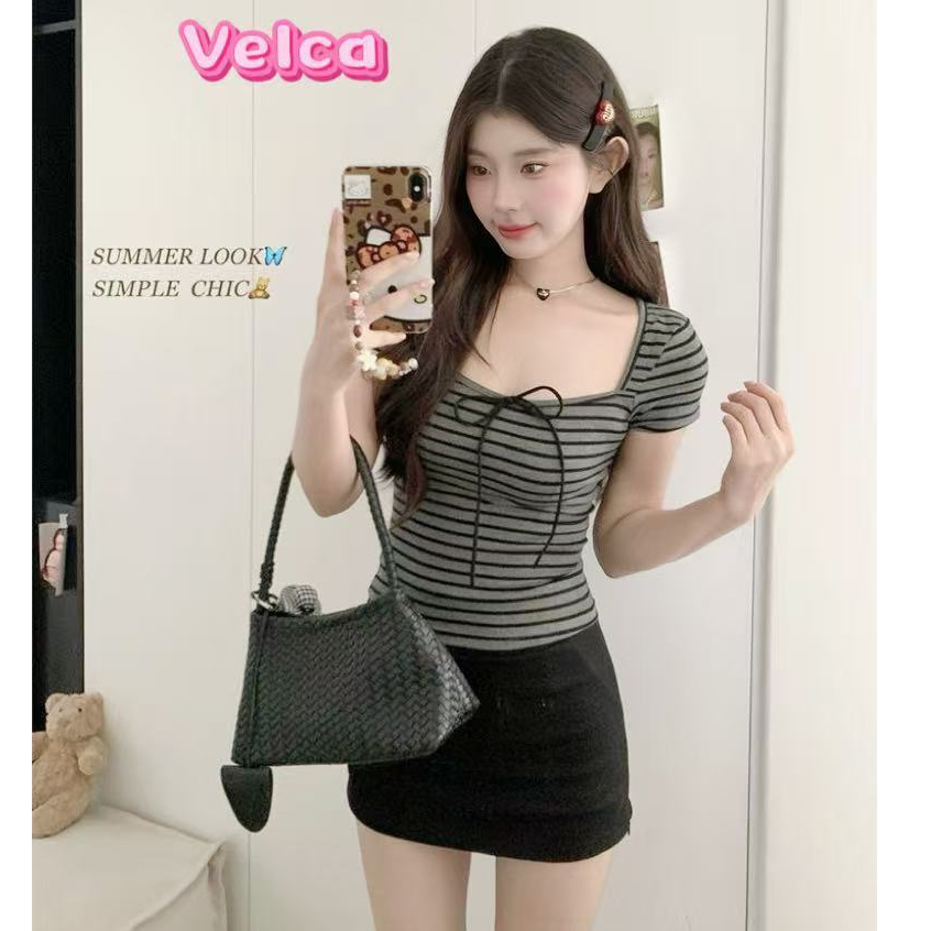 ส่งจากไทยทุกวัน ลายทางสีเทา เสื้อยืดผู้หญิง ผ้ายืด นุ่ม ใส่สบาย น่ารักๆ สไตล์เกาหลี🌸Velca