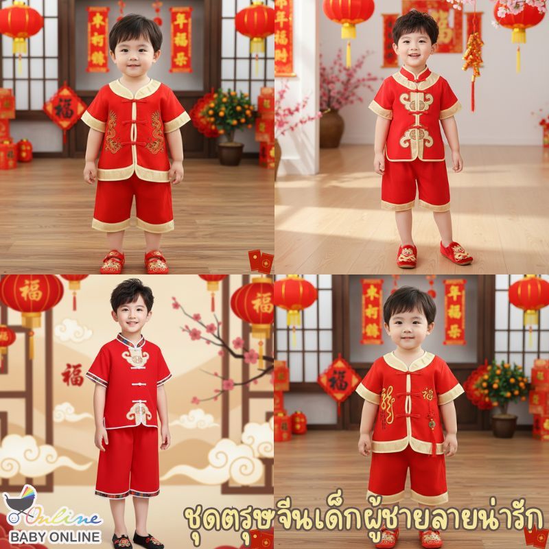 Babyonline(Y307)H2 (ส่งด่วน1วัน)ชุดตรุษจีน ชุดอาตี๋ แขนสั้นกางเกงขาสั้นสำหรับเด็กผู้ชายลายมังกรแดง มีกระดุมหน้า ผ้าฝ้าย