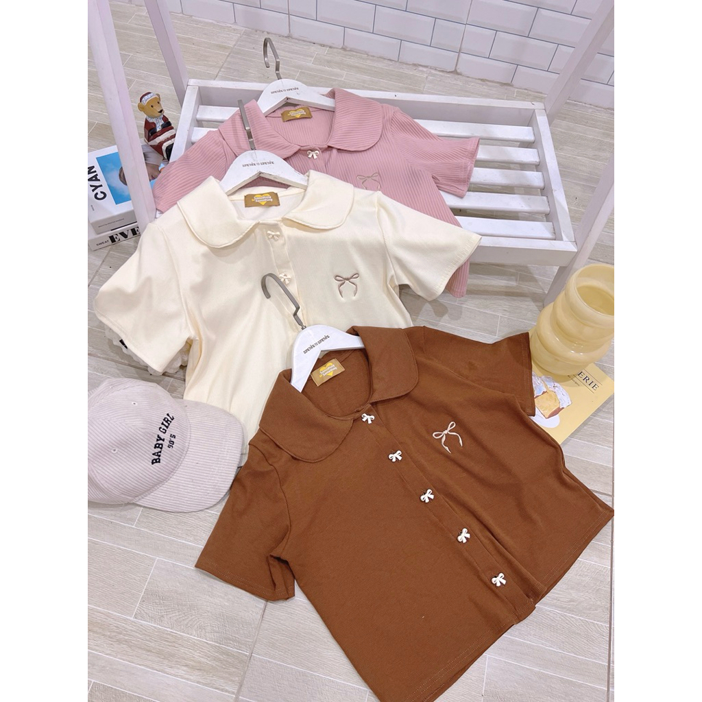 เสื้อยืดผู้หญิงแขนสั้น คอบัว ปักโบว์ สไตล์เกาหลีน่ารักๆมินิมอลB25