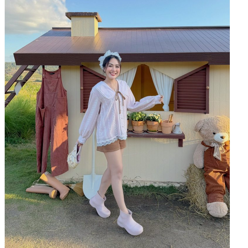 Thealner-AN515 (เซตเสื้อชมพูคอปกแขนยาว+กางเกงขาสั้น)