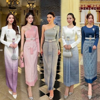 S-XXL🌈ชุดไทยประยุกต์ ได้4ชิ้น เสื้อ+ผ้าถุงสำเร็จ+เข็มกลัด+เข…