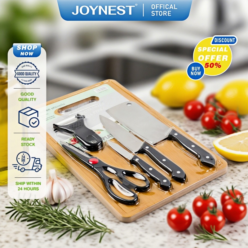 JOYNEST ชุดมีดทำครัว 6 ชิ้น พร้อมเขียง มีดปอกผลไม้ มีดเล็มผัก มีดซิกแซก สำหรับห้องครัว กรรไกรครัวอเนกประสงค์