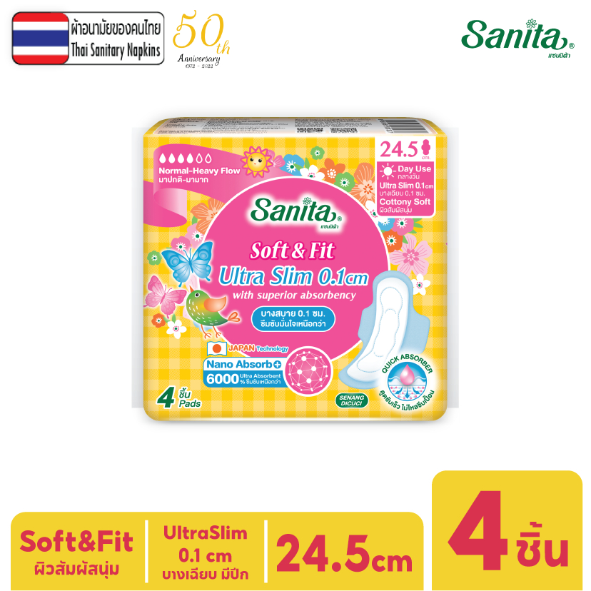 Sanita / แซนนิต้า ซอฟท์ แอนด์ ฟิต ผิวสัมผัสนุ่ม อัลตร้าสลิม บาง0.1 มีปีก ยาว24.5ซม. 4ชิ้น/ห่อ
