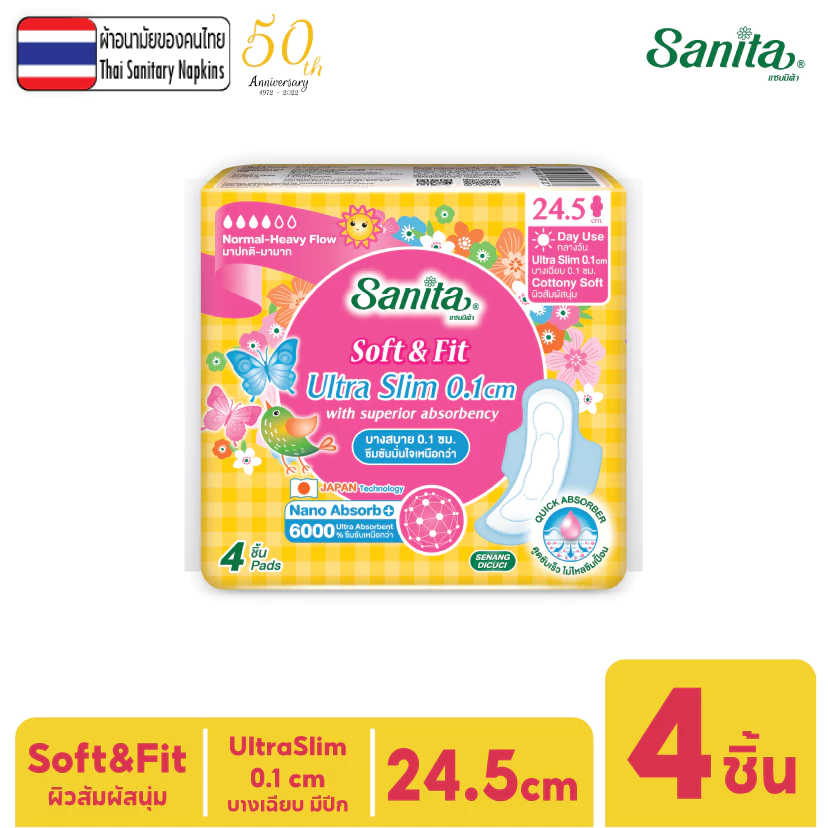 Sanita / แซนนิต้า ซอฟท์ แอนด์ ฟิต ผิวสัมผัสนุ่ม อัลตร้าสลิม บาง0.1 มีปีก ยาว24.5ซม. 4ชิ้น/ห่อ