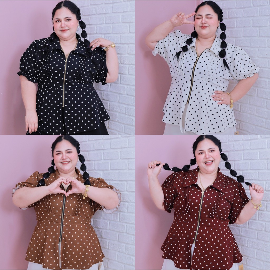 [ ส่งฟรี 🔥 ] เสื้อลายจุดซิปทองแขนตุ๊กตา ผ้าวูลเวฟ A351 เสื้อลายจุดไซส์ใหญ่สาวอวบ พลัสไซส์ คนอ้วน